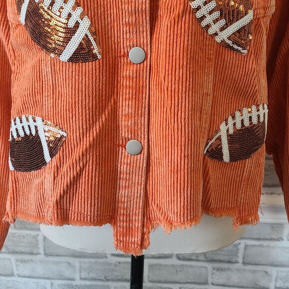 Orange Cropped Corduroy Jacket Football Sequin Raw Hem School Collegiate NEW Lg - Picture 9 of 10